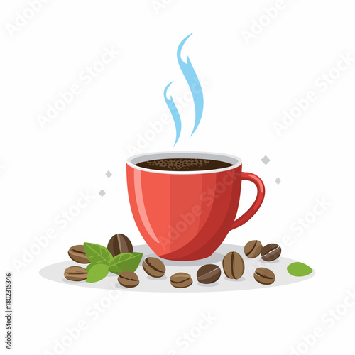 Aromatic Coffee Cup with Beans and Mint Leaves Illustration.