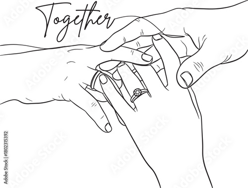 Hands together vector illustration line art drawing friendship caring support love