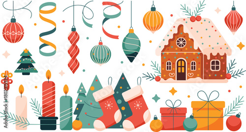Christmas festive vector set with ornaments, candles, stockings, gingerbread house and holiday decorations