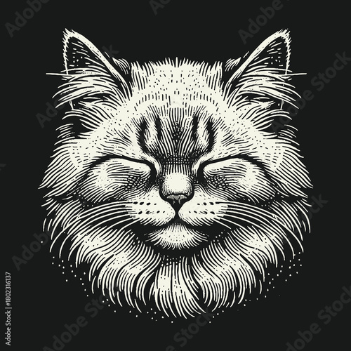 Happy Fluffy Cat Face Engraving Illustration.