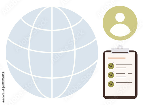 Globe, user icon, clipboard with checklist and checkmarks convey global reach, task management, and collaboration. Ideal for communication, planning, teamwork, organization leadership productivity