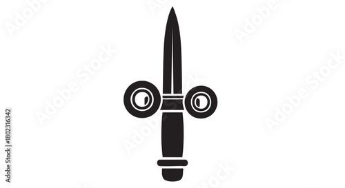 Monochrome illustration of a ceremonial dagger with ornate hilt and guard, for graphic design