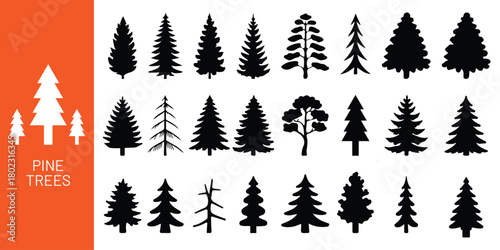 Silhouette pine trees, black evergreen icons, forest illustration, conifer shapes, nature design, winter elements, tree clipart, isolated vector trees. Tree silhouette set, pine and deciduous icons se