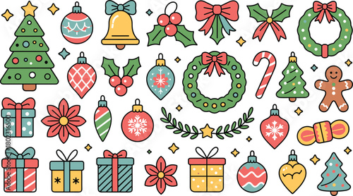 Christmas holiday vector set with tree, wreath, ornaments, gifts, holly and festive decorations