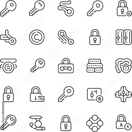 Security and access icons including keys, locks, and network elements