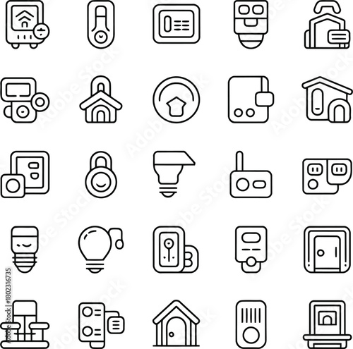 Set of Smart Home and Technology Icons Keywords: smart home, technology, device, automation, control, security, connectivity, internet of things