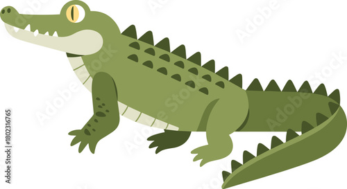 Simple cartoon illustration of a green crocodile with open mouth showing teeth, cute flat animal character on white background