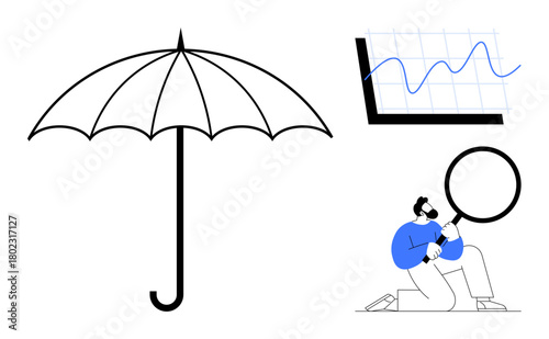 Open umbrella, rising line graph, person with magnifying glass examining details. Ideal for risk management, safety, security, problem-solving, data analysis business growth quality control. Simple