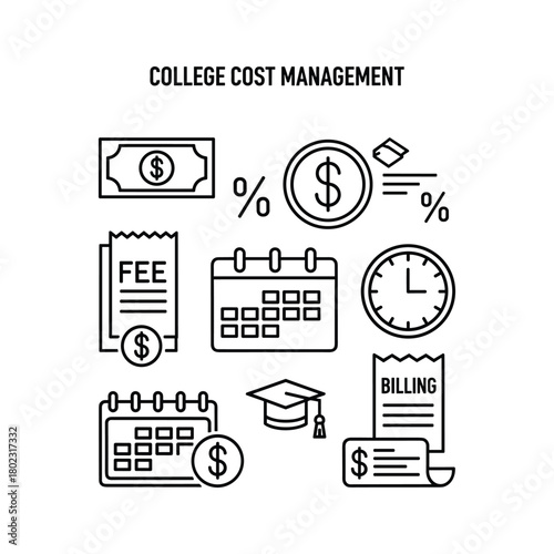 College cost management line icons for educational finance, tuition fees, budget, and student expense planning