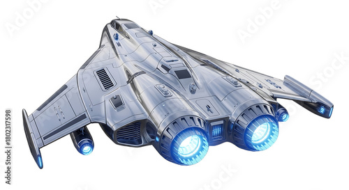 Sleek silver futuristic starship with glowing blue engines and detailed paneling, isolated on a white or transparent background, cutout, PNG