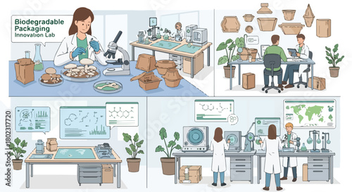Sustainable Packaging Development with Material Tests and Prototypes — Lab Infographic Vector