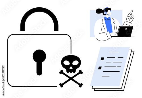 Padlock, skull and crossbones indicating cyber threats, report document, and tech analyst working on a laptop. Ideal for security, technology, risk, data analysis, innovation privacy simple flat