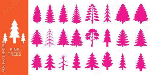 Silhouette pine trees, black evergreen icons, forest illustration, conifer shapes, nature design, winter elements, tree clipart, isolated vector trees. Tree silhouette set, pine and deciduous icons se