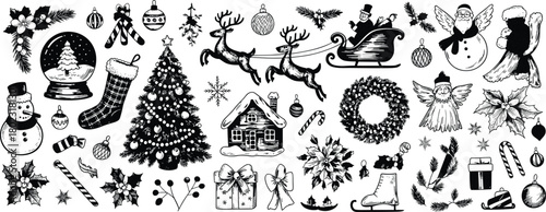 Vintage black and white Christmas illustration set with Santa sleigh reindeer snowman Christmas tree wreath gift house holiday elements
