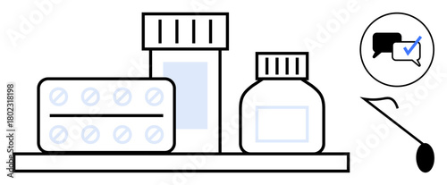 Medical supplies including pill pack, jars, advice bubble, and spoon, symbolizing healthcare, pharmacy, medicine, patient care, prescription health advice and treatment in simple flat metaphor