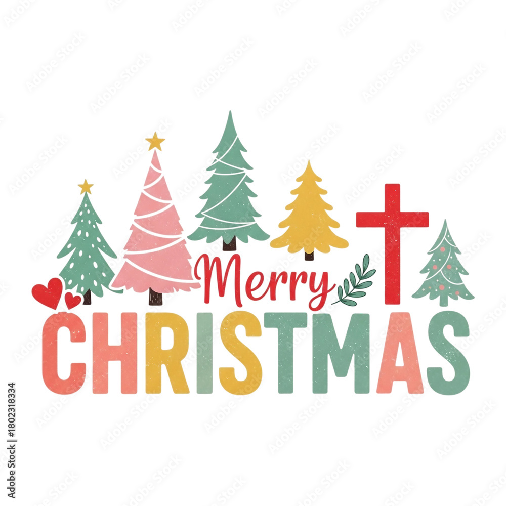 Naklejka premium Merry christmas christian holiday trees and cross isolated on transparent background