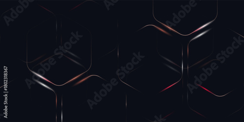 Dark hexagon abstract technology background with orange and white colored bright flashes under hexagon. Hexagonal gaming vector abstract tech futuristic wide banner.