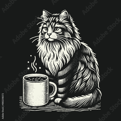 Fluffy Long Haired Cat Sitting with a Hot Coffee Mug Illustration.