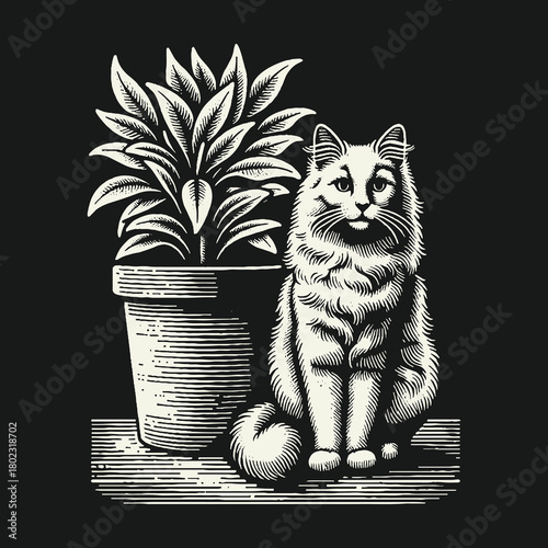 A fluffy cat sitting gracefully next to a potted houseplant in a classic woodcut style illustration.