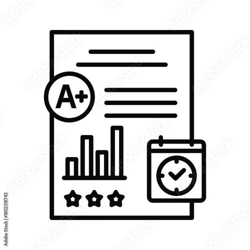 Excellent performance report icon showcasing top grade, financial growth, positive rating, and timely completion.