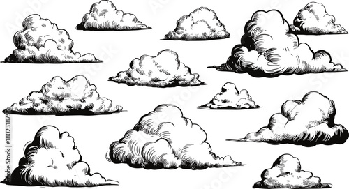 Vintage black and white cloud illustration set showing hand drawn fluffy cumulus clouds in sketch engraving style for design use