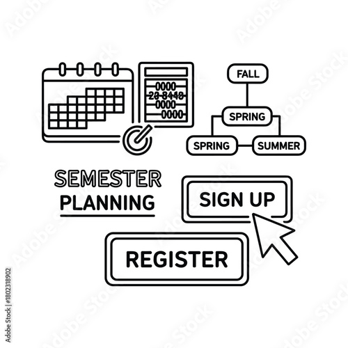 Academic semester planning and course registration outline illustration with calendar and sign up buttons