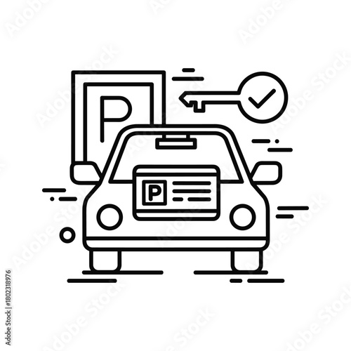 Efficient car parking service illustration: a vehicle with a 'p' sign and a confirmed key for an easy spot finding.