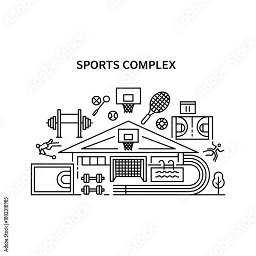 Outline illustration of a comprehensive sports complex with various athletic activities, fitness equipment, and facilities