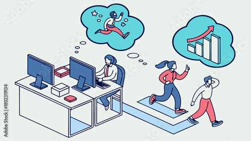 Office coworkers together but mentally elsewhere, imagining future promotions, risks and teamwork shown in neon 2D projections