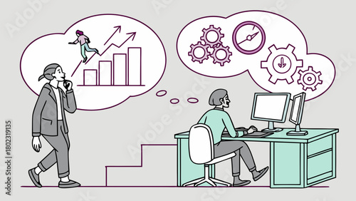 Office coworkers together but mentally elsewhere, imagining future promotions, risks and teamwork shown in neon 2D projections