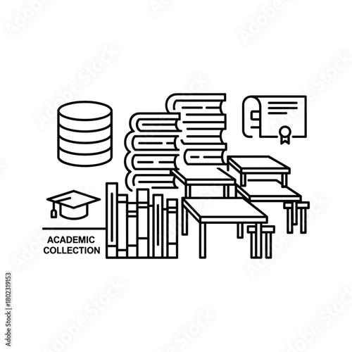 Academic collection of line icons representing education, knowledge, data, graduation, learning, and study concepts