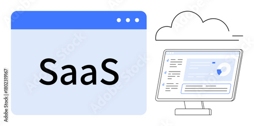 Browser window labeled SaaS, cloud graphic, and monitor showing data dashboard. Ideal for technology, cloud service, software, data management, business tool, digital innovation simple flat metaphor