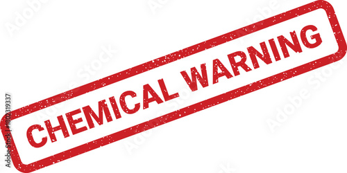 A prominent red rubber stamp impression with a rough texture displaying the important text CHEMICAL WARNING on a stark white surface