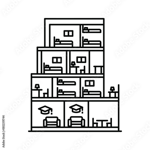 Multi-story student dormitory icon illustration showing various rooms, beds, and academic living spaces highlighted.