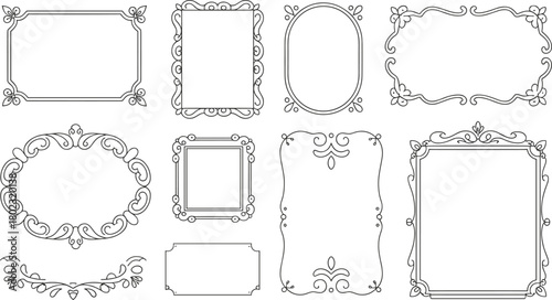 Vintage decorative frame and border collection with elegant floral patterns, classic ornamental line art design for invitations and labels