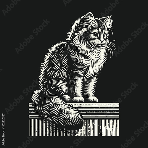 Elegant Fluffy Cat in Vintage Woodcut Style Illustration.