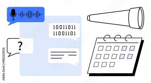 Microphone with sound waveform, speech bubbles, binary code, telescope, and calendar. Ideal for communication, planning, exploration, data sharing scheduling ideation teamwork simple flat