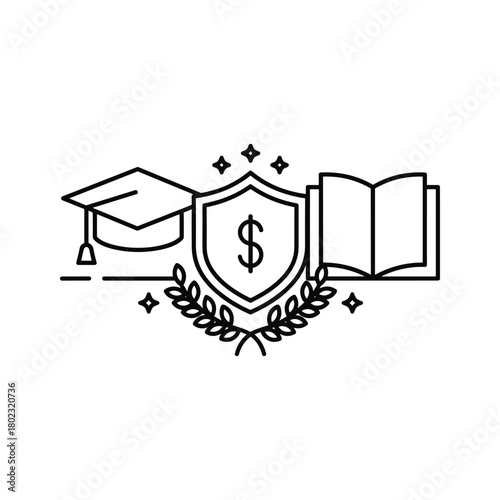 Education finance icon with graduation cap, dollar shield, and book, symbolizing student loan or scholarship