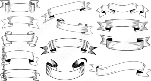 Vintage engraving style ribbon banner collection with curled scrolls and decorative designs for classic label, logo, and frame artwork