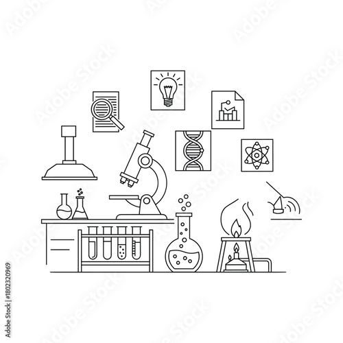 Conceptual line art of science research, lab equipment, and discovery icons for education and innovation concepts.