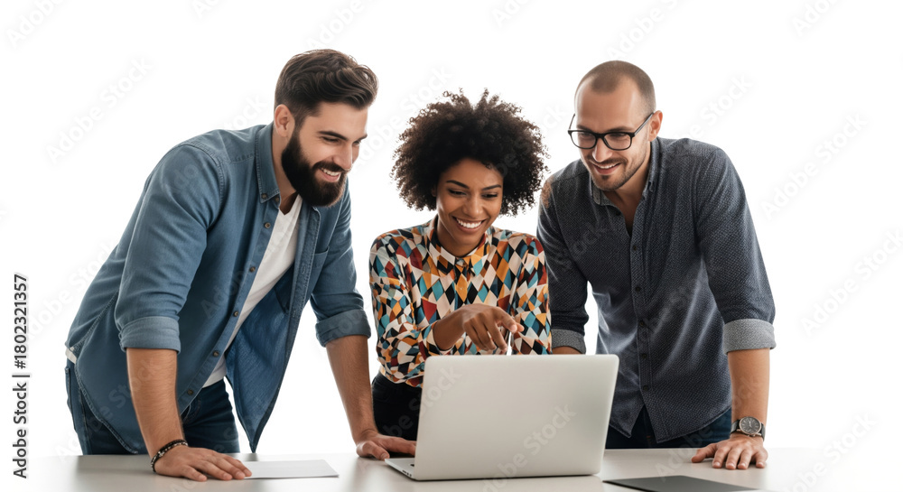 Obraz premium Successful business team, three young business people working together with laptop isolated on white or transparent background
