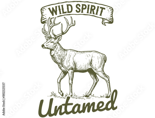 Vintage "Wild Spirit" design featuring a deer, mountains, and pine trees. Text reads "Forest Wanderer."
