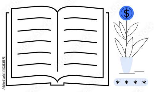 Open book with parallel text lines next to a potted plant sprouting a monetary coin. Ideal for financial literacy, education, personal growth, investment, savings, learning, simple flat metaphor