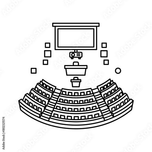 Outline icon of an empty lecture hall or auditorium with tiered seating, stage, projector, and screen.