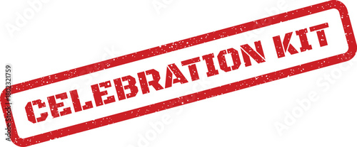 A rectangular red rubber stamp impression with Celebration Kit text diagonally positioned on a white field