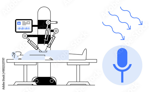 Robotic arm performing surgery on a patient, display monitoring vitals, microphone and sound waves indicating voice control. Ideal for healthcare, robotics, AI, innovation, surgery, automation