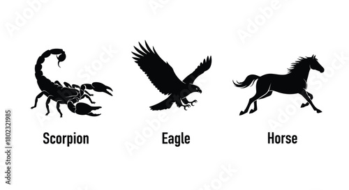 Silhouette illustrations of a scorpion eagle in flight and galloping horse