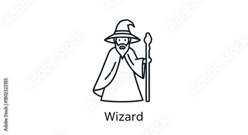 Simple line art illustration of a wizard holding a staff black and white