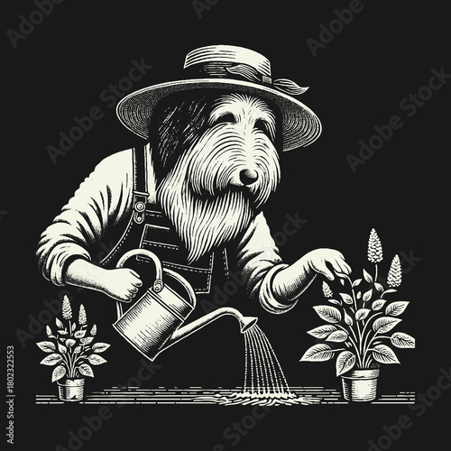 Anthropomorphic Dog Gardener Tending to Potted Plants Illustration.