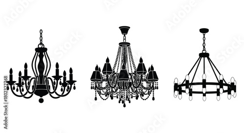 Elegant black and white illustrations of vintage chandeliers in varied designs